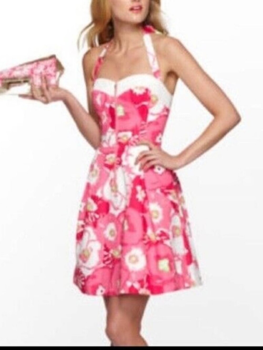 Lilly Pulitzer Marisa Hotty Pink Cherry Begonias Halter Fit and Flare Dress